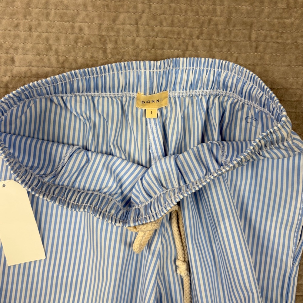 DONNI Blue White Striped Poplin Pants Wide Leg Cotton Rope Drawstring S - Picture 9 of 9